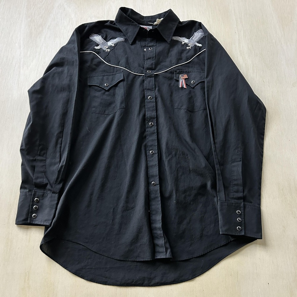 Vintage Ely Diamond Shirt Mens Large Black Eagle Embroidered Western Pearl Snap